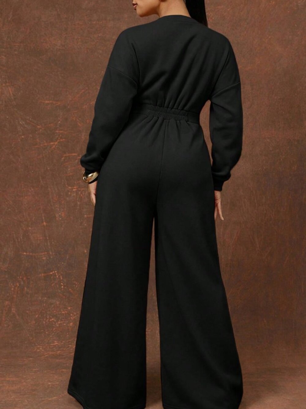 Black Elegant Women's Pocket Zipper Button Front Loose Fit Drop Sleeve Jumpsuit - Picture 2 of 5